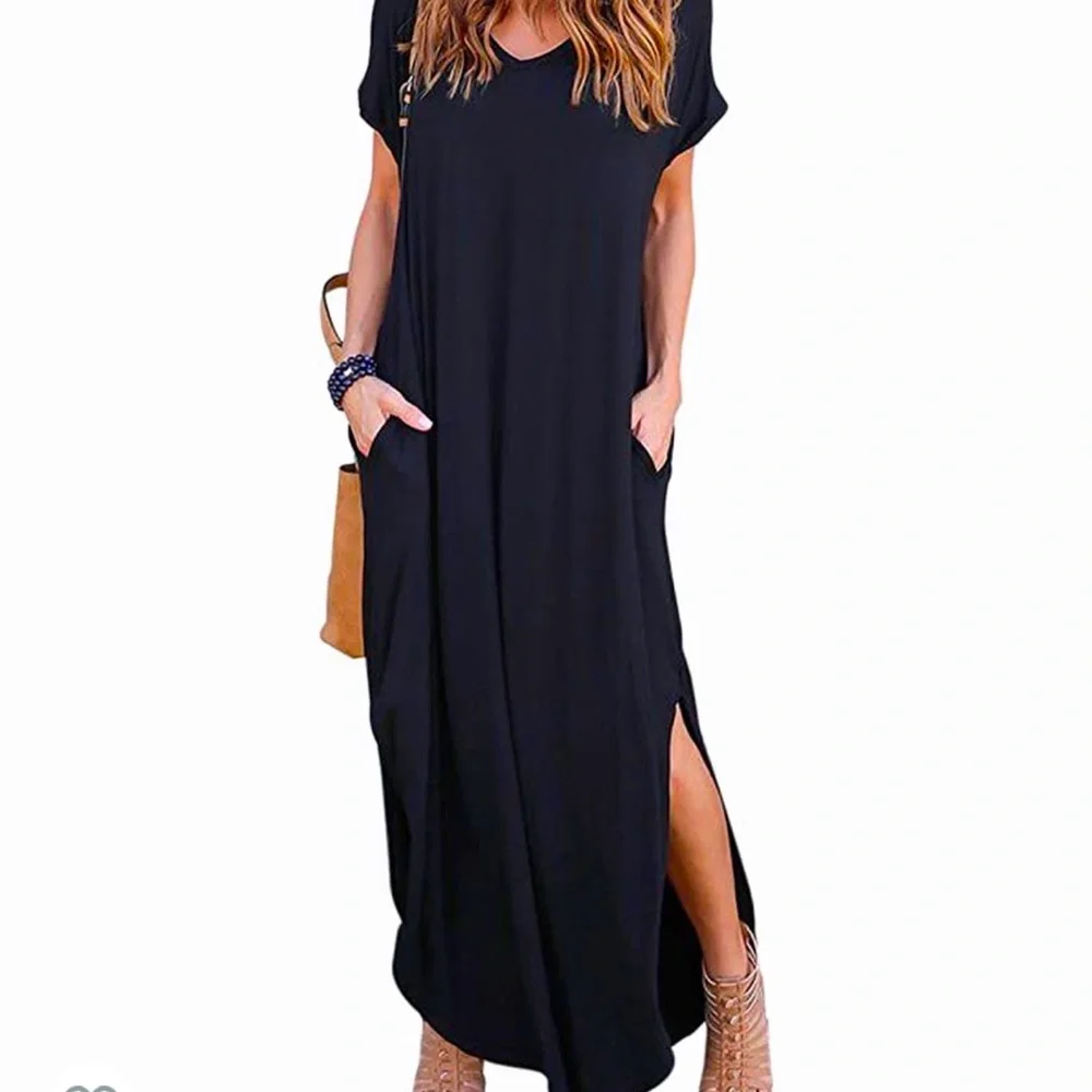 BN Zenana Oversized Short Sleeve Round Neck Black Maxi W/Pockets Various - Picture 8 of 9